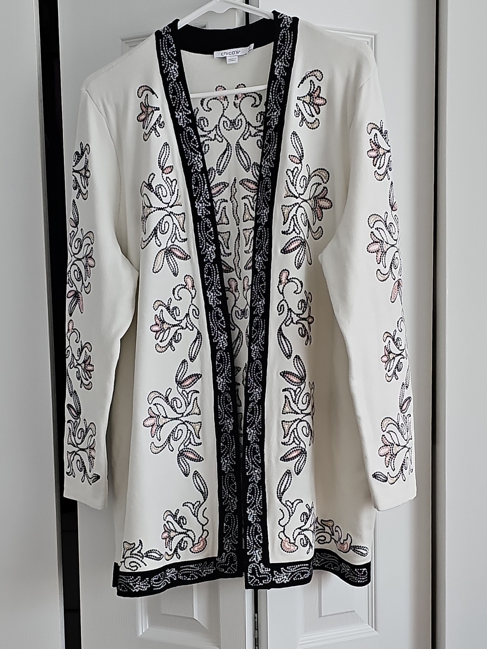 Chico's White Open-Front Embroidered Jacket with Black Trim